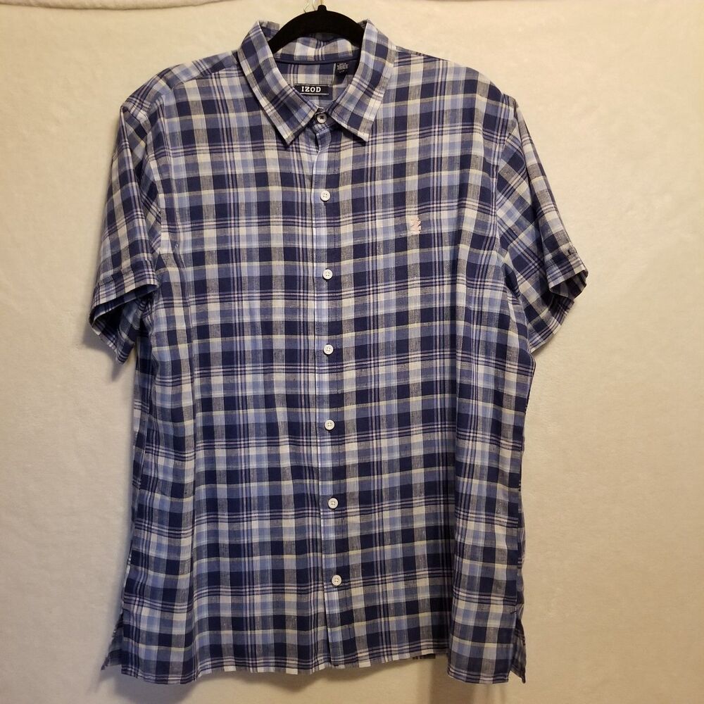 IZOD Mens L Shirt Linen Blend Blue Pink Plaid Short Sleeve Button Front Preppy